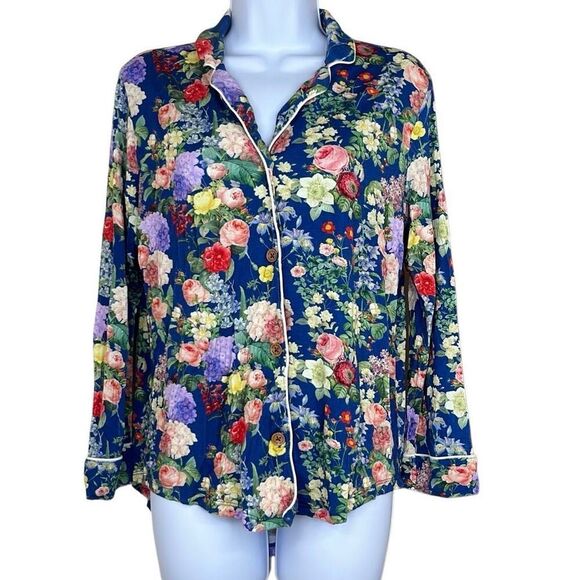 Posh Peanut Blue Pink Floral Button Down Bamboo Classic Pajama Top Shirt Small - Picture 1 of 8